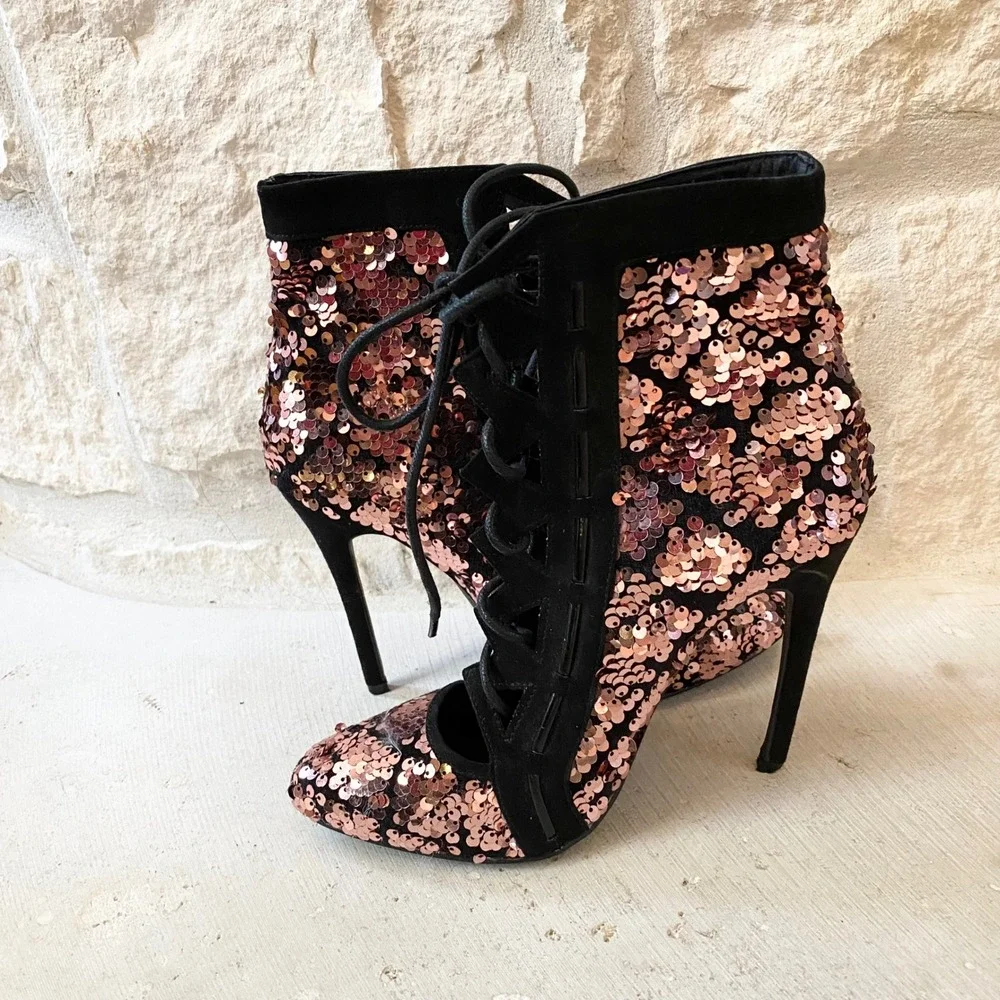Privilege Starlit‎ Womens Rose Gold Black Sequin Size 7.5 Lace Up Stiletto Heels